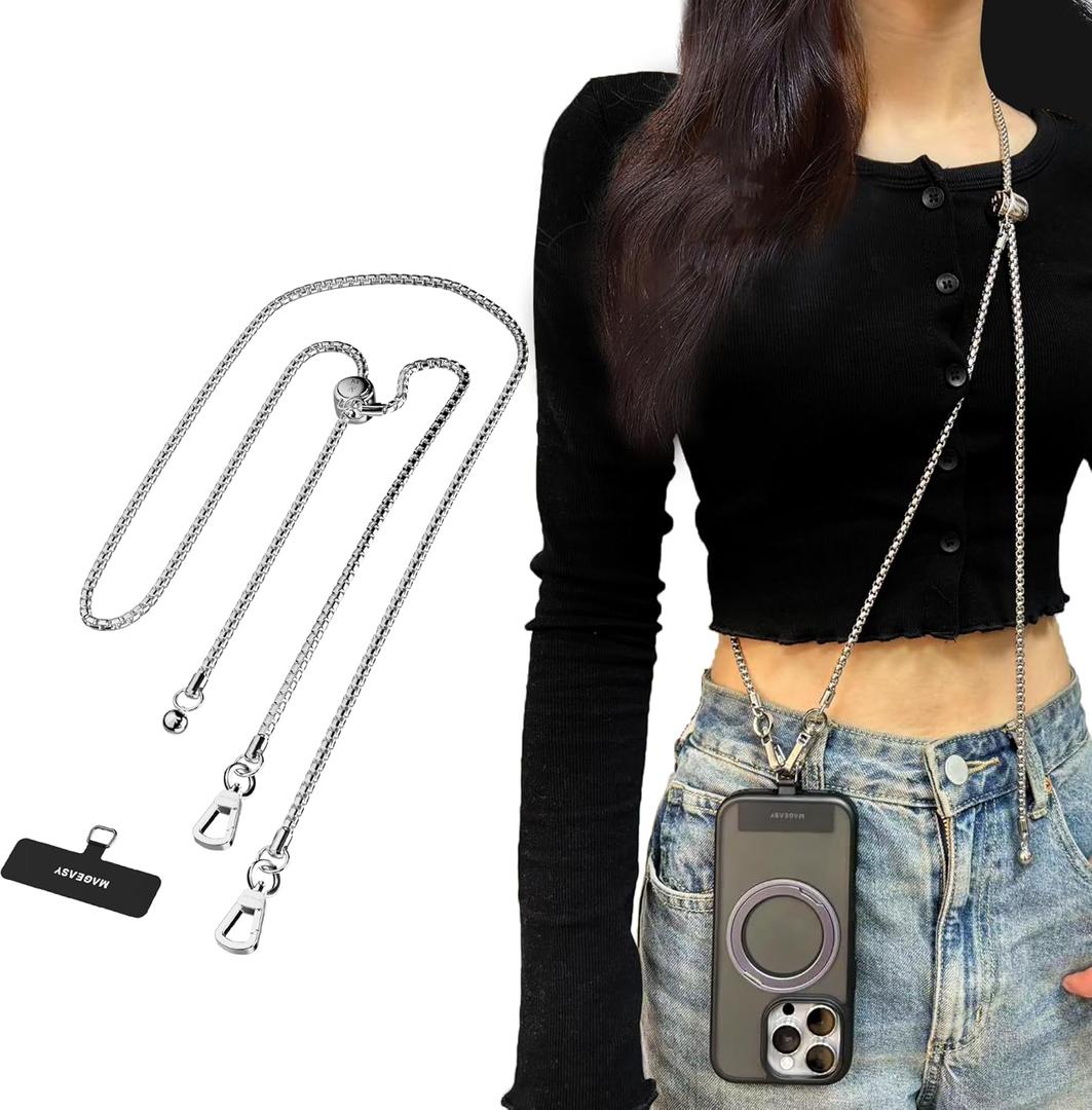 MAGEASY Cell Phone Chain Lanyard Crossbody with Tether Tab & Attachment Clip, Rust-Proof Metal Strap with 360 Rotatable Buckle Adjustable Length, Chic Anti-Theft Strap for iPhone (Silver), 45" to 52"
