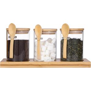 Glass Spice Storage Container with Spoon, 3PCS 20oz Airtight Sealed Condiment Jar with Tray, Kitchen Pantry Seasoning Canister Set for Salt Coffee Sugar Tea & Bathroom Cotton Swab Ball