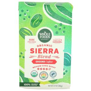Whole Foods Market, Organic Sierra Blend Ground Coffee, Medium-Dark Roast, Dark Chocolate & Caramel, 12 Ounce, Best if Used By 07/14/2025