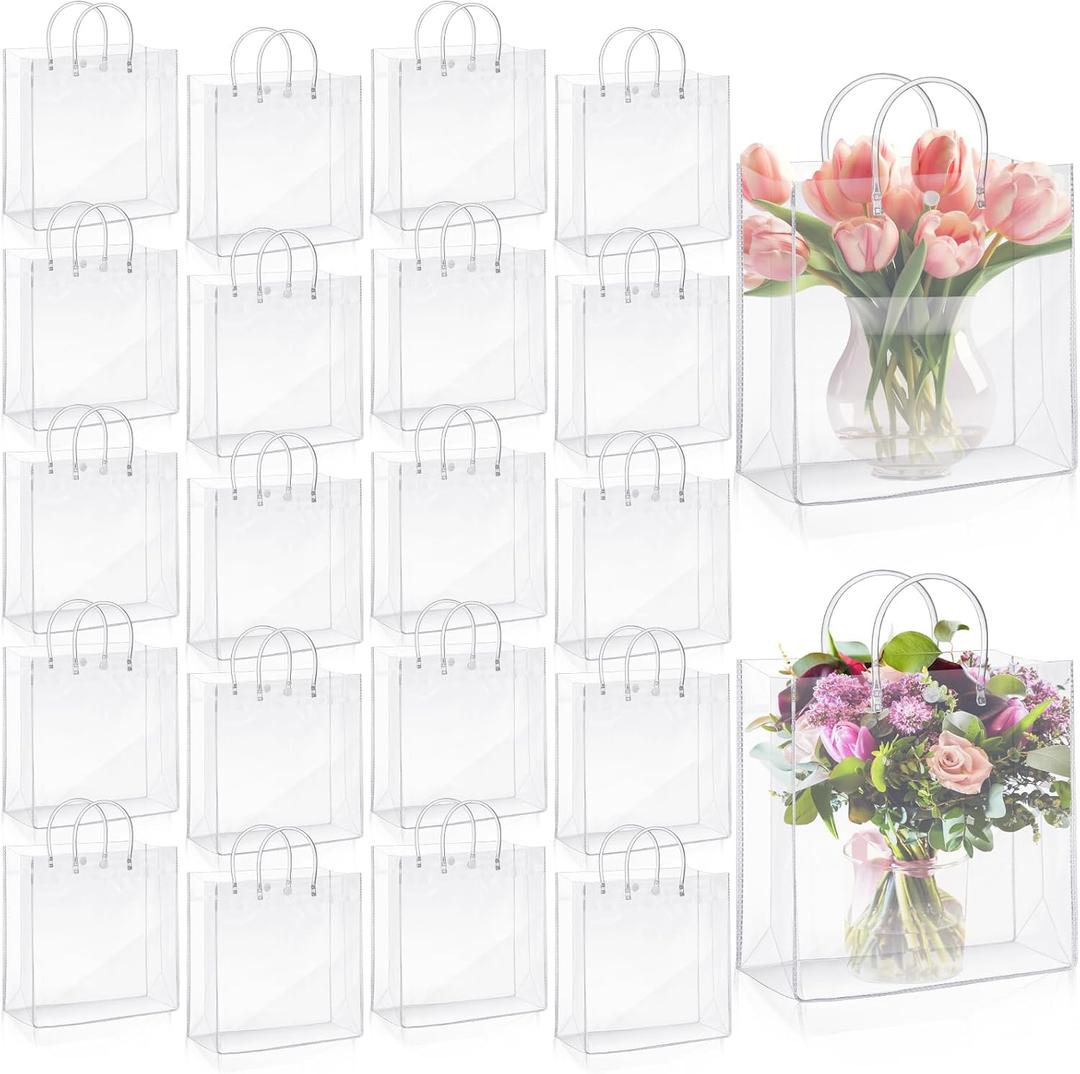 LEIFIDE 50pcs Clear Plastic Gift Bags with Handles PVC Reusable Transparent Totes Bags for Goodie Candy School Birthday Party(11 x 11 x 3.9 Inch)