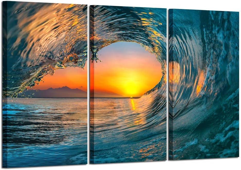 KREATIVE ARTS Large 3 Pieces Canvas Prints Wall Art Sunset Sea Water Ocean Wave Pictures Paintings Modern Stretched and Framed Seascape Giclee Artwork Ready to Hang for Living Room Home Decorations, 20x36inchx3pcs
