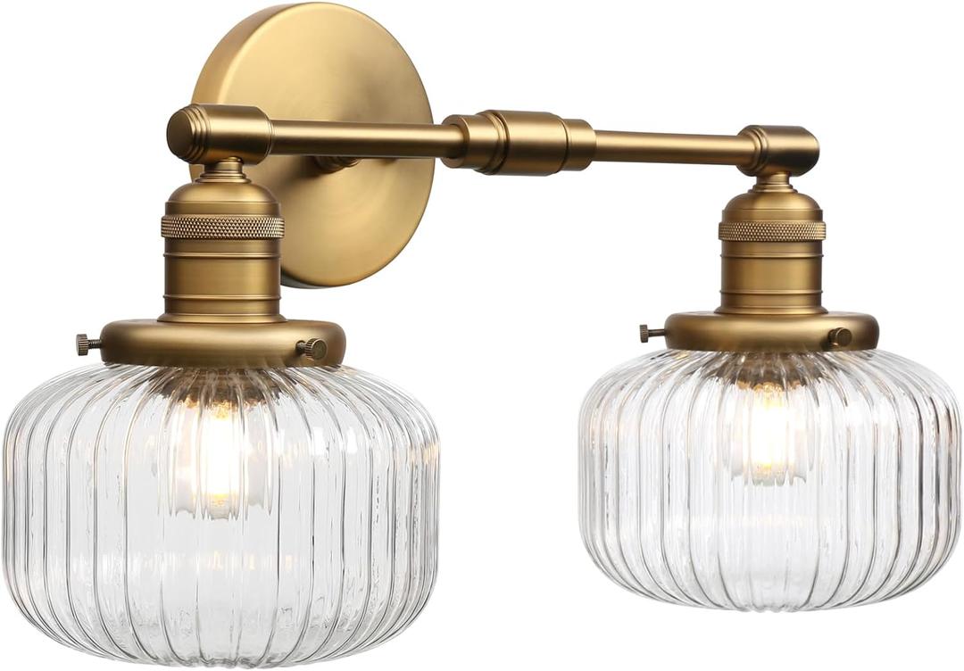 2-Lights Industrial Glass Wall Sconces, Antique Brass Clear Striped Globe Shade Wall Light Fixture for Bathroom Vanity, Bedroom, Dining Room, Living Room, Farmhouse, Stairs