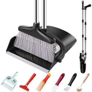 Broom and Dustpan Set with Long Handle and 6 Bonus Cleaning Tools, Upright Standing Combo with Self-Cleaning Teeth & Windproof Dustpan for Pet Hair, Home, Kitchen, Garage, Apartment (45.3IN, Black&grey)