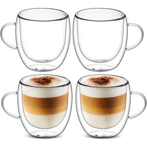 Sorfity Cappuccino Glass Mugs, Set of 4 Double Walled Espresso Mug Cups Glass Mug Set Insulated Clear Drinking Glass Coffee Cups with Handle for Latte, Cappuccino, Tea Bag, Juice (250ml /8.45oz)