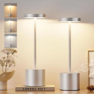 Kakanuo Silver Gray Cordless Lamp Set, Rechargeable Lamp, 3 Color Temperature, LED Outdoor Wireless Lamps, Battery Operated Lamps, Stepless Dimmable, Touch Control (2 Pack)