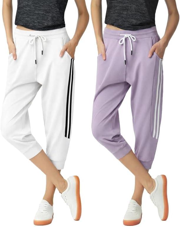 SPECIALMAGIC Women's 2 Pack Capri Pants Cropped Joggers with Pockets Capri Sweatpants, Ivory White+Lilac, Large
