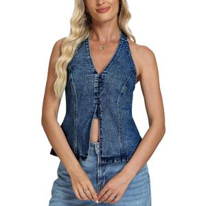 D-Sun Women Sleeveless Denim Vest Denim Halter Top Tie Backless Button Down Y2K Strapless Front Slit Sexy Jean Tank (Blue, XL)