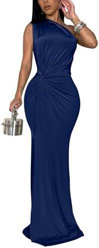 YMDUCH Women's Elegant One Shoulder Sleeveless Twist Waist Bodycon Party Long Dress M
