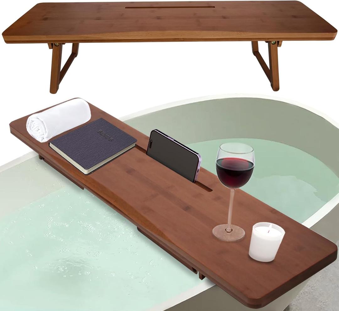 Versatile Bathtub Caddy and Breakfast Tray with Adjustable and Foldable Legs - Thick & Solid Bamboo Bath Caddy for Bathtub - Minimalist Design Bath Tray for Tub, Laptop Desk