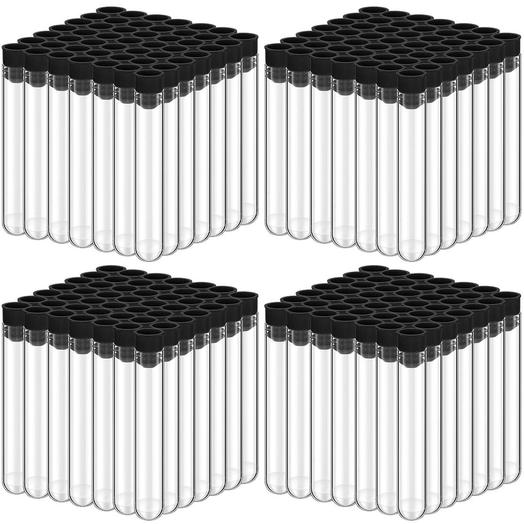 Flutesan 200 Pcs Clear Plastic Test Tubes 16 x 100 mm(10 ml) Test Tubes with Caps for Scientific Experiments,Halloween, Christmas, Scientific Themed Birthday Party Supplies, Candy Storage (Black)