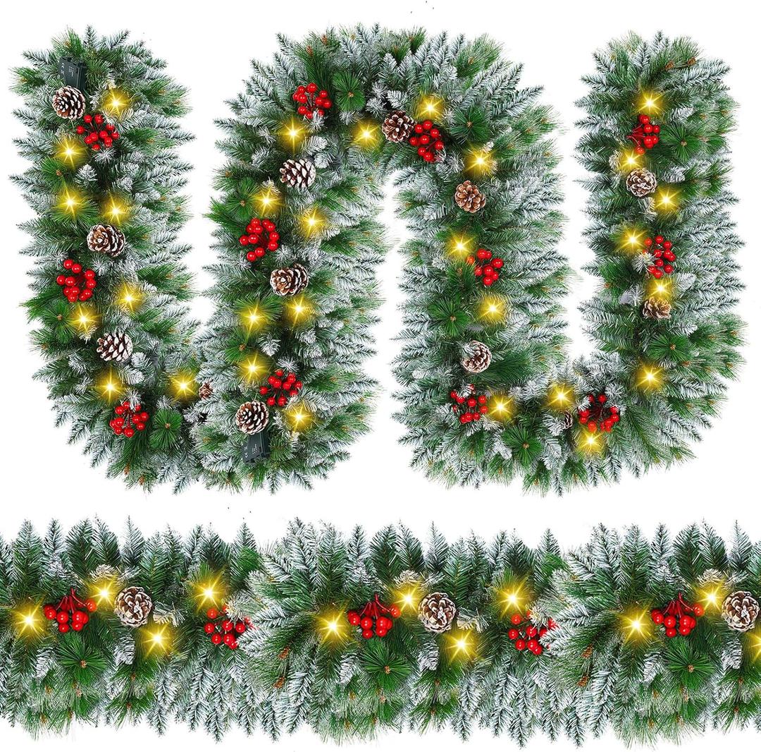 Christmas Garland with Lights - 9FT Pre-Lit Flocked Garland with 30 LED Bulbs, Red Berries, Pine Cones, Artificial Pine Battery Operated Garland for Fireplace, Staircase, Indoor & Outdoor Decoration