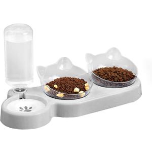 Marchul Raised Three Cat Dishes for Food and Water, Pet Feeding Bowls with Automatic Water Bottle