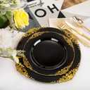 102PCS Black and Gold Plastic Plates - Black Disposable Plates - Heavyweight Disposable Plate with Gold Rim - Fancy Dinner & Dessert Plate for 51 Guests Weddings & Party & Graduation