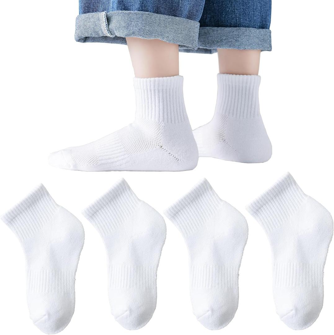 Boys Athletic Socks Half Crew Cushion White Cotton Soft Comfortable Socks for Kids (White)