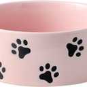 6.5 Inch Pink Ceramic Dog Bowl with Paw Print Pattern - Porcelain Wide Mouth Dog Food or Water Bowls, Large Feeding Pet Bowls for Indoor Medium Sized Dogs, for Wet or Dry Food