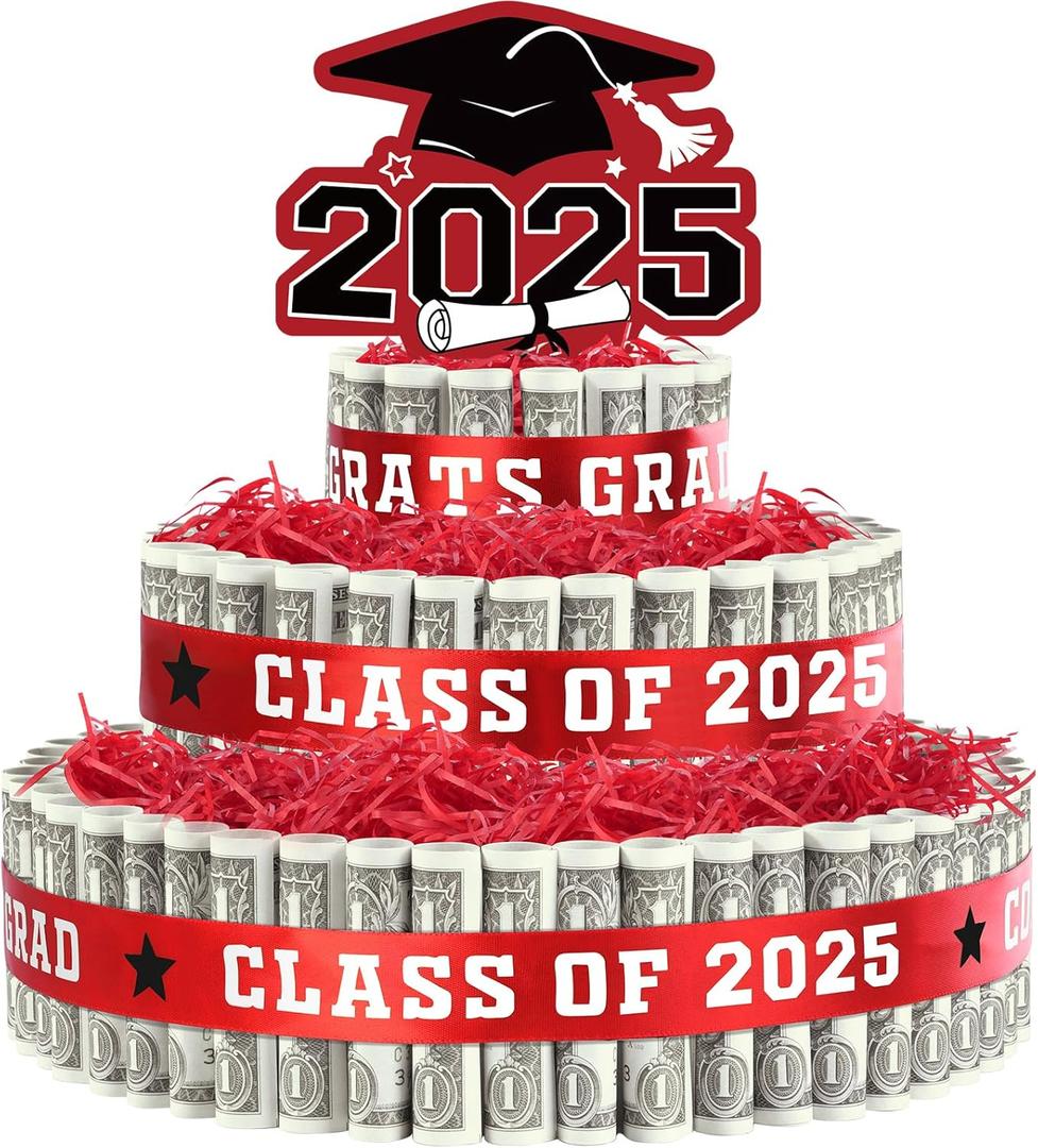 2025 Graduation Gifts for Class of 2025 Party Decorations,3 Tier Red Class of 2025 Cake Filled with Cash Money for College High School Graduation Funny Money Gifts Idea and Party Supplies