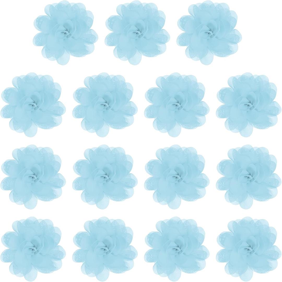 Chiffon Flowers, Sewing Fabric Appliques, Chiffon Flowers Appliques - Fitting for (Women/DIY Crafts/Headbands/Hair Accessories/Wedding/Party/Corsage) 4 Inch & 15 Pack & Light Blue