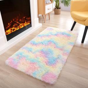 Noahas Fluffy Rainbow Rugs for Bedroom Girls,2x4 Shag Pink Kids Room Rug,Shaggy Area Rugs for Living Room,Soft Fuzzy Colorful Playroom Nursery Dorm Carpets Room Decor