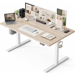 47x32 Large Electric Standing Desk, Height Adjustable Computer Desk with 2 Memory Presets, 31.5" Deep Desktop Sit Stand Desk Home Office Desk Workstation Table with Hooks, Light Walnut, 47.2*31.5 Inch