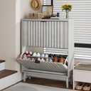 Shoe Storage Cabinet with 2 Flip Drawers, Walnut Fluted Narrow for Entryway, Slim Shoe Rack Cabinet Organizer 31.5in (Gray) 