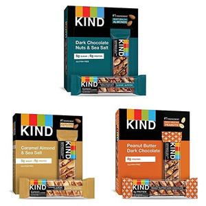 KIND Bars 18 Count Bundle Pack, Dark Chocolate Nuts & Sea Salt, Caramel Almond & Sea Salt, Peanut Butter Dark Chocolate, Healthy Snacks, Gluten Free, Low Sugar (Best By: 05/08/2026)