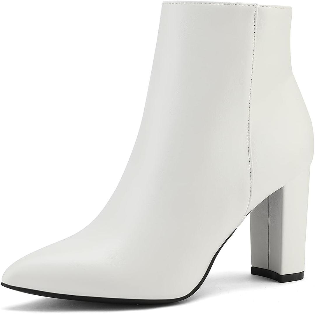 DREAM PAIRS Women's Chunky Heel Ankle Booties Pointed Toe Short Boots (5, White/Pu)