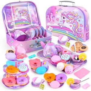Auney Tea Set Toys for Girls 36pcs, Unicorn Tea Party Toy Pretend Play Toddler Toys, Girls Toys for Birthday Including Carrying Case (Pink Purple Unicorn)