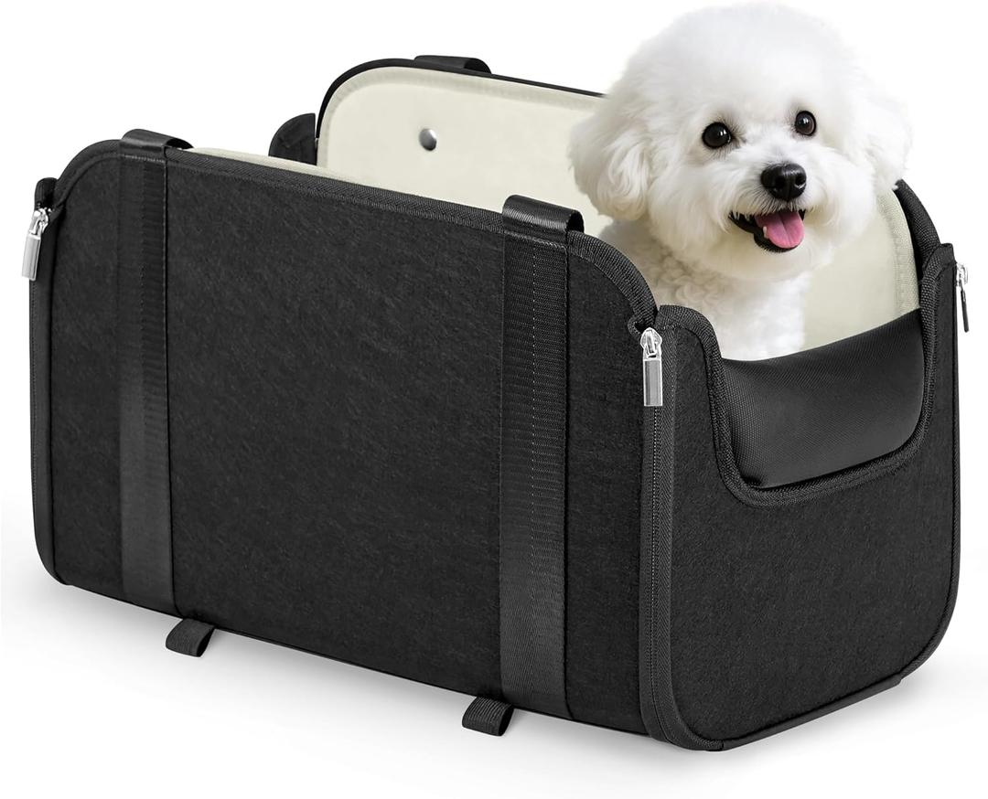 YUDODO Large Dog Car Seat for Center Console (Width9in) Fits 0-18lbs, Anti-Slip Puppy Cat Travel Portable Booster Seat, Portable Pet Car Bed Carseat Dual Front & Rear Pillow Black