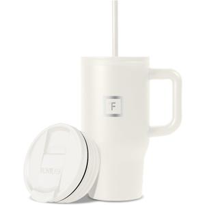 IRON FLASK Co-Pilot Insulated Mug w/Straw & Flip Cap Lids - Cup Holder Bottle for Hot, Cold Drink - Leak-Proof- Water, Coffee Portable Travel Tumbler - Cashmere Cream, 16 Oz