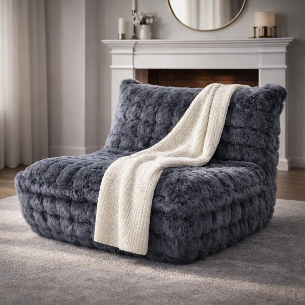 Bean Bag Chairs with Filler Faux Fur Fireside Beanbags Lazy Sofa for Memory Foam BeanBag Chair Bean Bag Sofa for Bedroom, Living Room, Office and Home (Dark Grey)