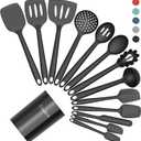 Coukre Silicone Kitchen Cooking Utensils Set with Holder Heat-Resistant, Food-Grade Kitchen Tools, Spatula, Spoon & Gadgets for Non-Stick Pans, Dishwasher Safe (14, PureBlack)