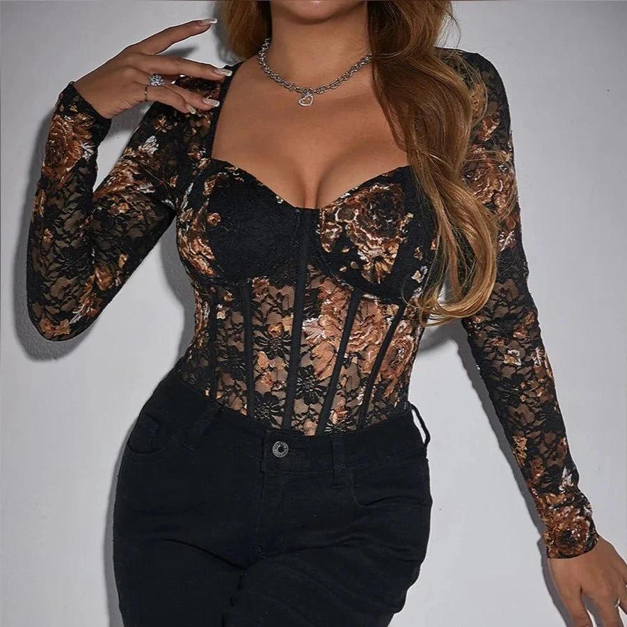 Women's Floral Lace Long Sleeve V Neck Corset Mesh Leotard Bodysuit Sweetheart Neck Going Out Slim Fit Tops Jumpsuit Black, Size: M