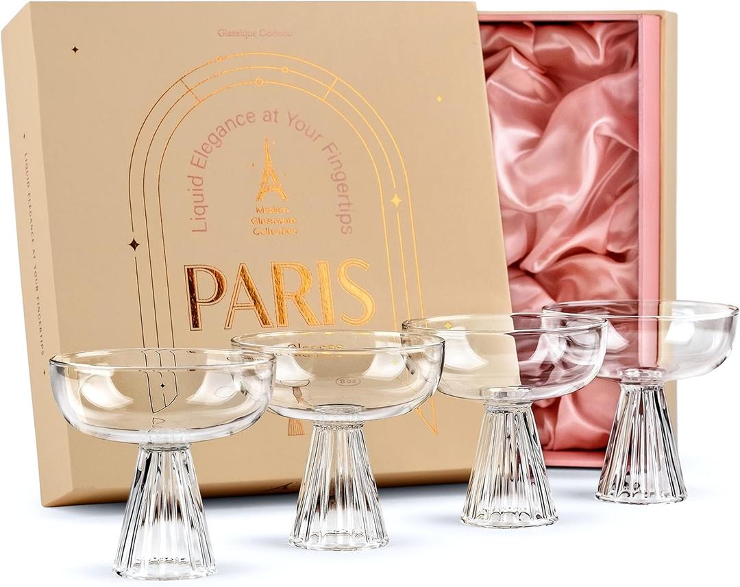 Paris Coupe Cocktail and Champagne Glasses for Daiquiri, Sidecar, Gimlet and Classic Bar Drinks | Modern Glassware Collection | Set of 4 | 8 oz Extra Light Contemporary Borosilicate Saucers