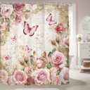 LGhtyro Rustic Pink Rose Butterfly Shower Curtain Bathroom Set 60Wx71H Inches Floral Peony Green Leaves Plant Text Background Bath Accessories Botanical Botany Art Home Decor Fabric 12 Pack Hooks