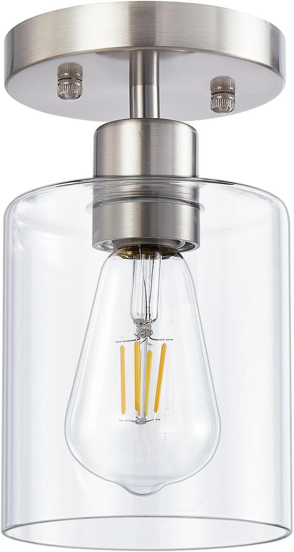 1 Light Semi Flush Mount Ceiling Light, Brushed Nickel Ceiling Light Fixtures, Modern Light Fixtures Ceiling Mount, Ceiling Lights with Glass Shade for Hallway Kitchen Foyer Porch Bedroom-1pack