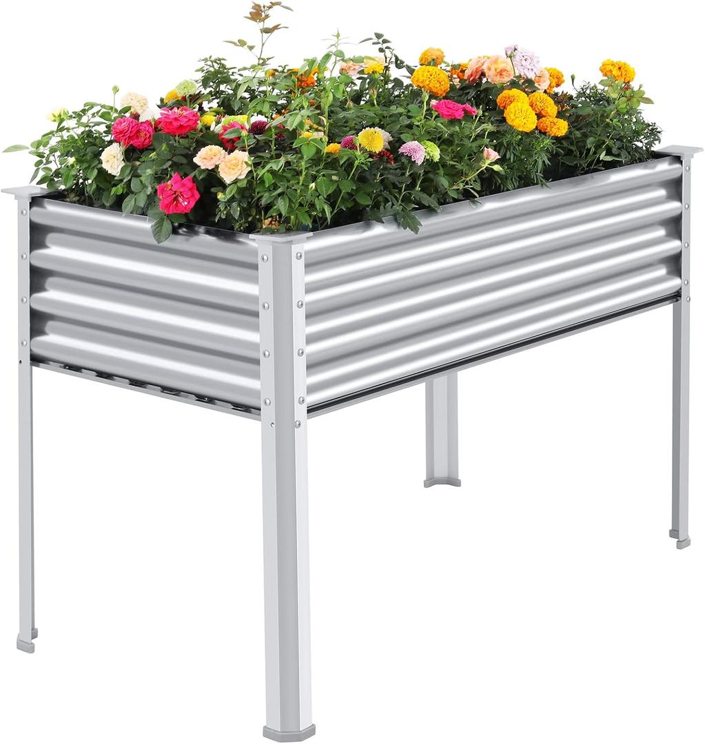 Land Guard Galvanized Raised Garden Bed with Legs, 482432in Large Metal Elevated Raised Planter Box with Drainage Holes for Backyard, Patio, Balcony, 700lb Capacity(Silver)
