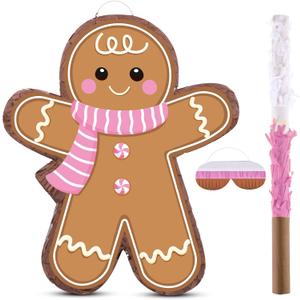 Gueevin Christmas Gingerbread Piata Christmas Party Decorations Pink Cute Gingerbread Man Piata Pull String with Stick Blindfold for Winter Xmas Holiday Party Game Festival Gift Favor Supplies