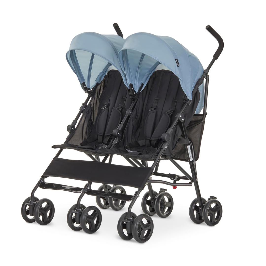Dream On Me Twin Venture Umbrella Stroller in Light Blue, Multi Backrest Positions, Adjustable & Removable Canopy Double Stroller, 360Swivel Wheels with Locks