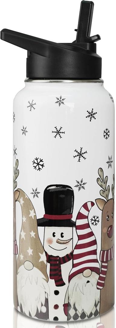 Insulated Christmas Water Bottle 32 oz, Snowman Reindeer Gnome Water Bottle with Straw, Reusable Leakproof Water Bottle Stainless Steel, Christmas Gifts for Women (white brown red)