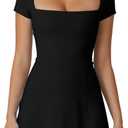 QINSEN Womens Square Neck Tennis Dress Short Sleeve Built in Shorts Golf Athletic Dress with Pockets (Medium, Black)