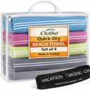 Clotho Turkish Beach Towel Set of 4 100% Turkish Cotton, Oversized & Quick Dry Sand Free Lightweight Travel & Pool Towels with Chair Bands Giftable Clear Carry Case Made in Trkiye