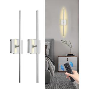 Battery Operated Wall Sconce with Remote Control,Wall Sconces Set of Two,3000K-6500K LED Wireless Wall Light for Bedroom, Hallway, Living Room, 350Rotate,26.6 Inch, Nickel(2 Pack)