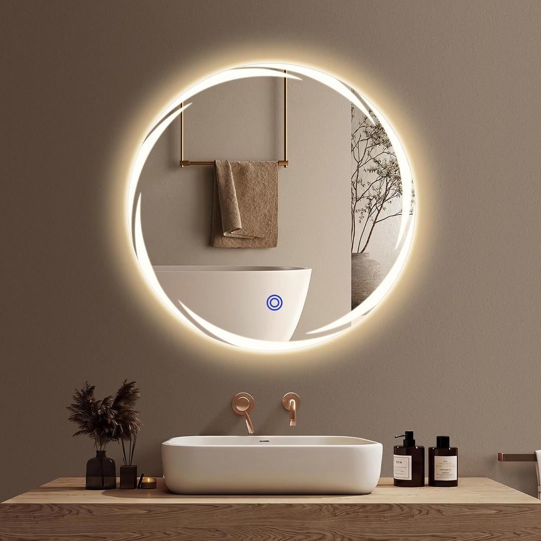 Bathroom Smart Mirrors with Three Color LED Lights,20x20 Bath Round Mirror,Backlit + Front Lit Temperature Brightness Settings-Wall Mounted Lighted Bathroom Vanity Mirror