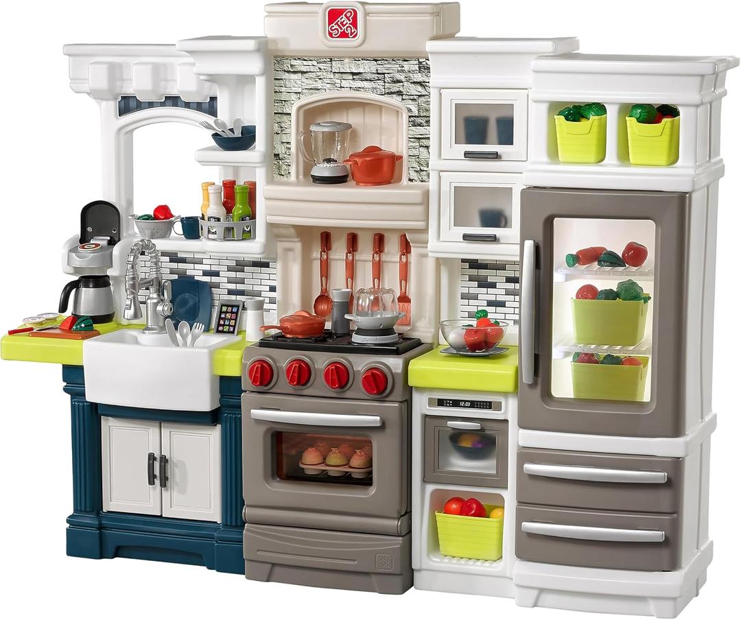 Step2 Elegant Edge Kids Kitchen Playset, Indoor/Outdoor Kitchenette, Interactive Play with Lights and Sounds, Made of Durable Plastic, Includes 78 Piece Toy Accessories, For Toddlers 3+ Years Old, Large