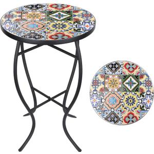 VCUTEKA Mosaic Side Table, 21" Round End Table with 14" Ceramic Tile Top, Indoor Patio Accent Table for Yard, Garden, Living Room, Bistro Balcony or Lawn