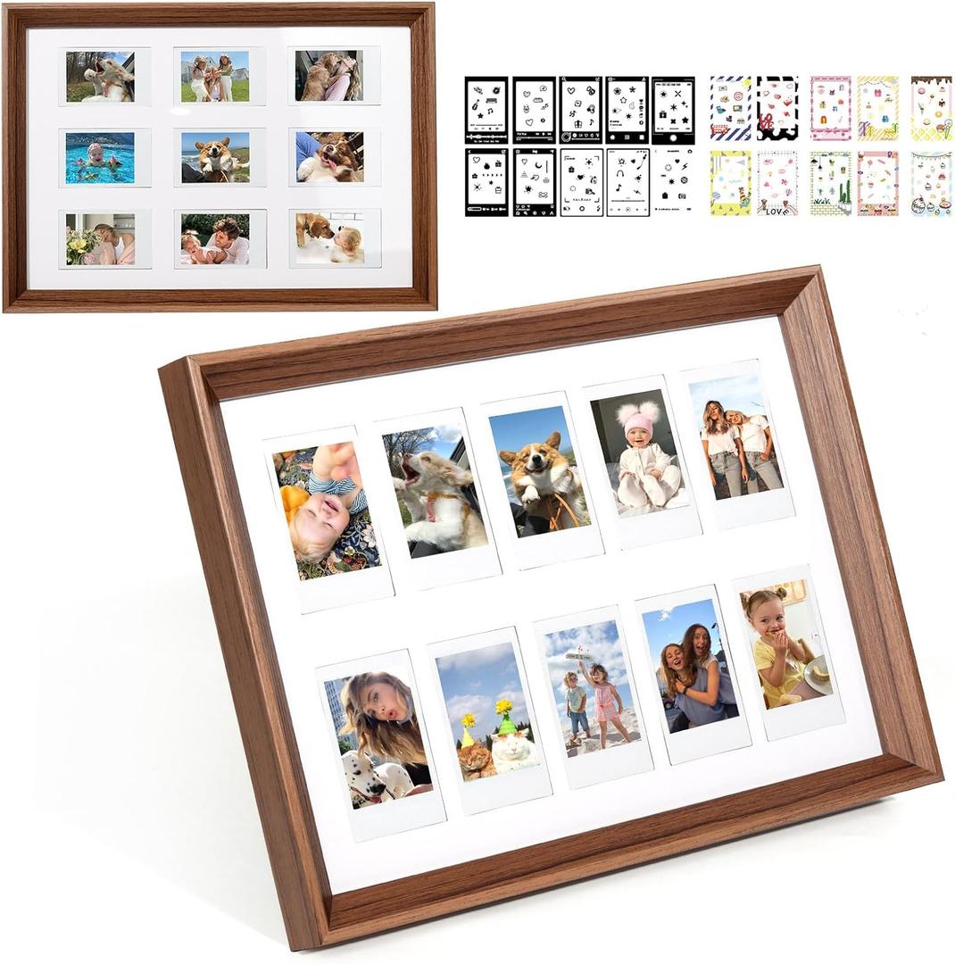 Mini 3 Inch Film Photo Frame for Fuji Polaroid Instax Mini 12/11/99/EVO Instant Camera, Wooden Frame Holds 2.2x3.4 Inches 10 Photos with Sticker for Wall & Tabletop Display (Only One)(Brown)