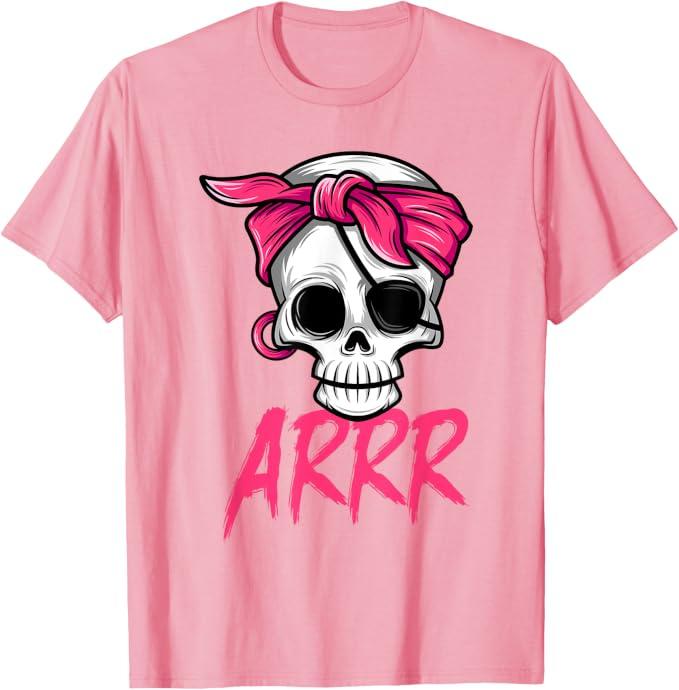 Pirate Dead with Eye Patch Pink Bandana Halloween Costume T-Shirt Small