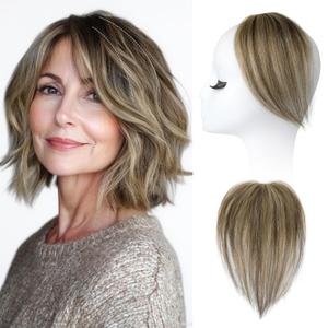 REECHO Human Hair Clip-in Hair Volumizer - Short Thick Hairpieces for Extra Volume, Easy Clip-in Extensions for Thin & Fine Hair Dark Brown with Blonde Highlights 8 Inch(Pack of 1)