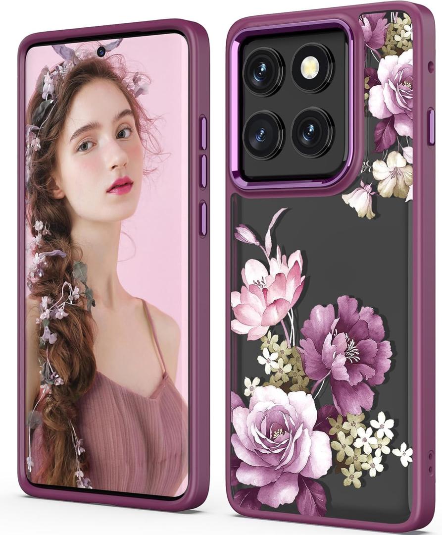 3 x for Motorola Edge 2025 Case,Moto Edge 2025 Phone Case,Military Grade Protective Slim Soft TPU+Hard PC,Girls Women Crystal Clear Flower Pattern Case Cover for Moto Edge 2025 (Purple) (Golden Shield Flower Series-Purple)