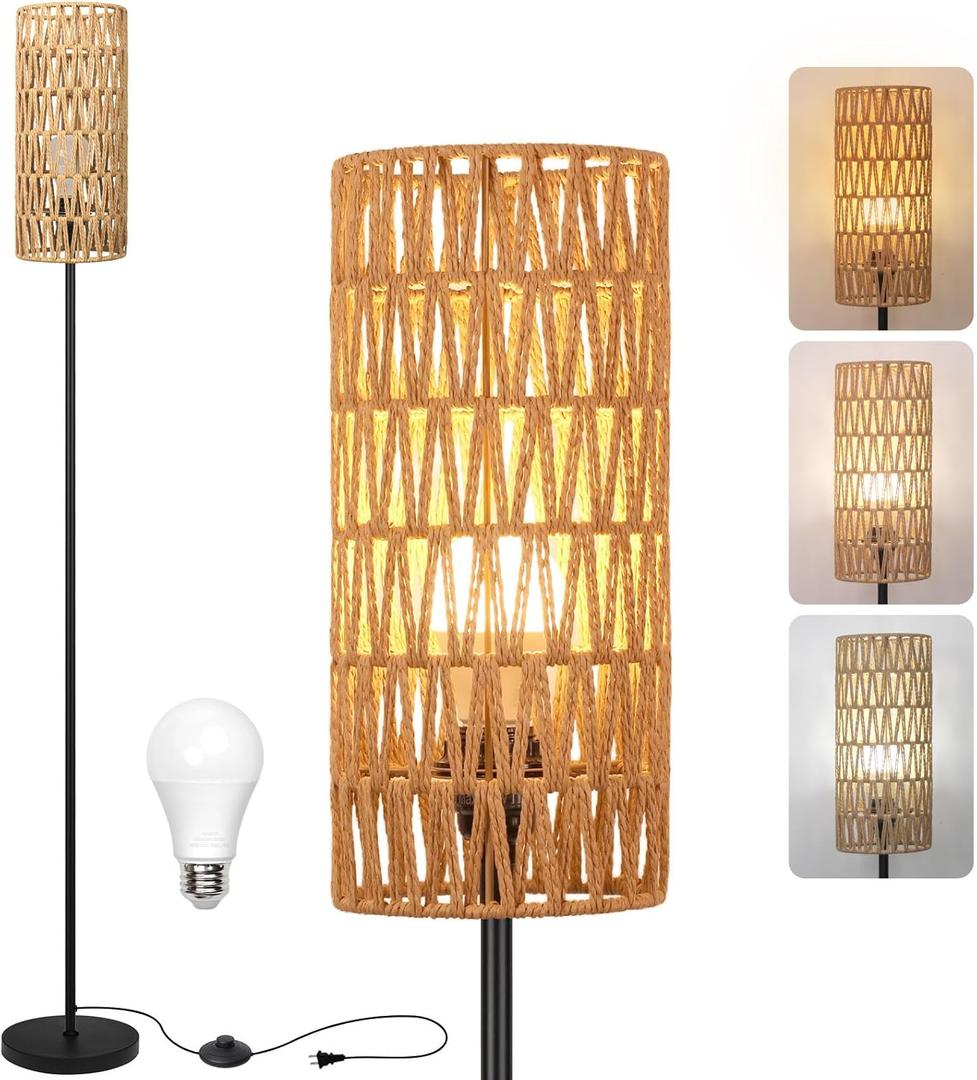 Floor Lamp for Living Room,Farmhouse Rattan Floor lamp,Modern Standing lamp with 3 Color LED Bulb,Black Tall Lamp with Foot Switch